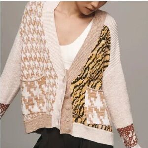 Pilcro by Anthropologie Cream and Brown Patterned Cardigan XS
